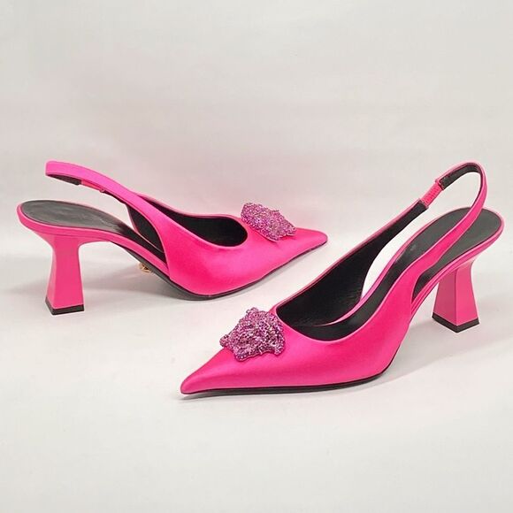 Versace La Medusa Embellished Silk Blend Slingback Pump size 37.5 - Picture 11 of 14